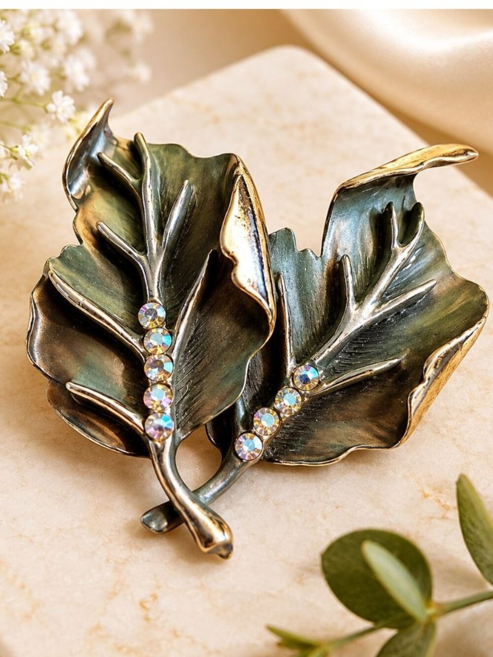 Van Dell Sterling Silver Leaf Brooch Vtg Rhinestone Gold Filled Nature Jewelry